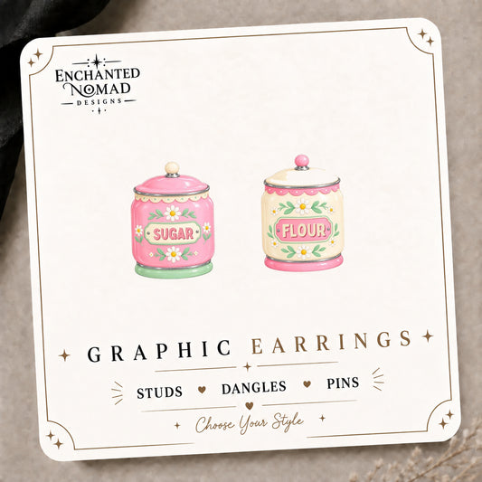 Vintage Sugar & Flour Canisters Stud Earrings on the tilted Enchanted Nomad Designs card