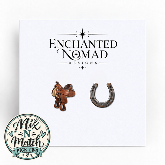 Western Saddle and Horseshoe graphic earrings