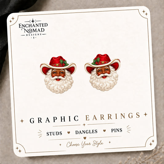 Western Santa — Red Hat Stud Earrings on the tilted Enchanted Nomad Designs card