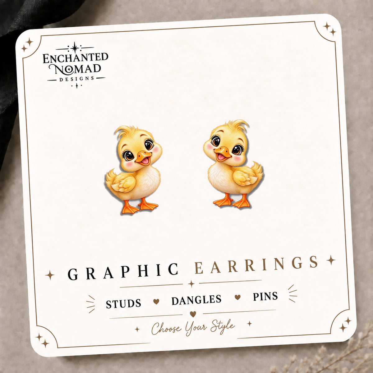 Yellow Duckling Stud Earrings on the tilted Enchanted Nomad Designs card